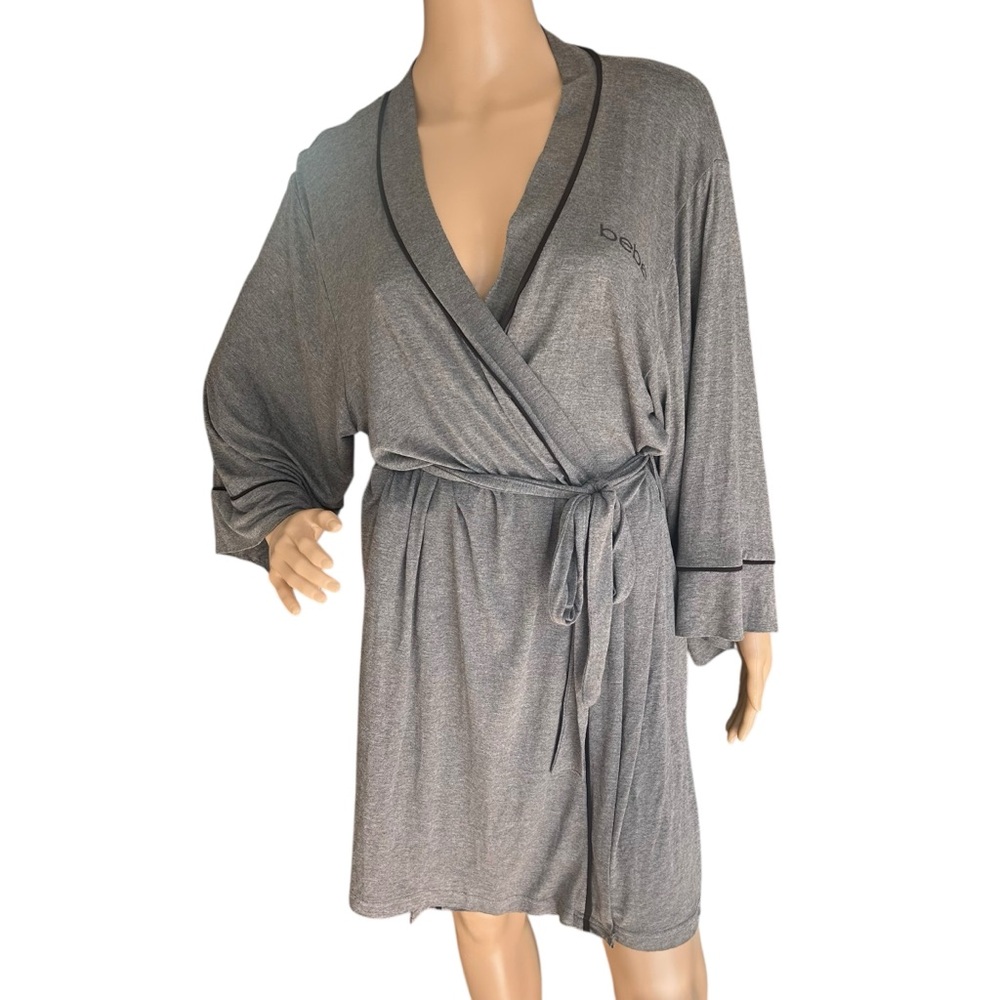 Bebe Gray Belted Sleepwear Robe XL Soft Jersey Kimono Wrap with Rhinestone logo